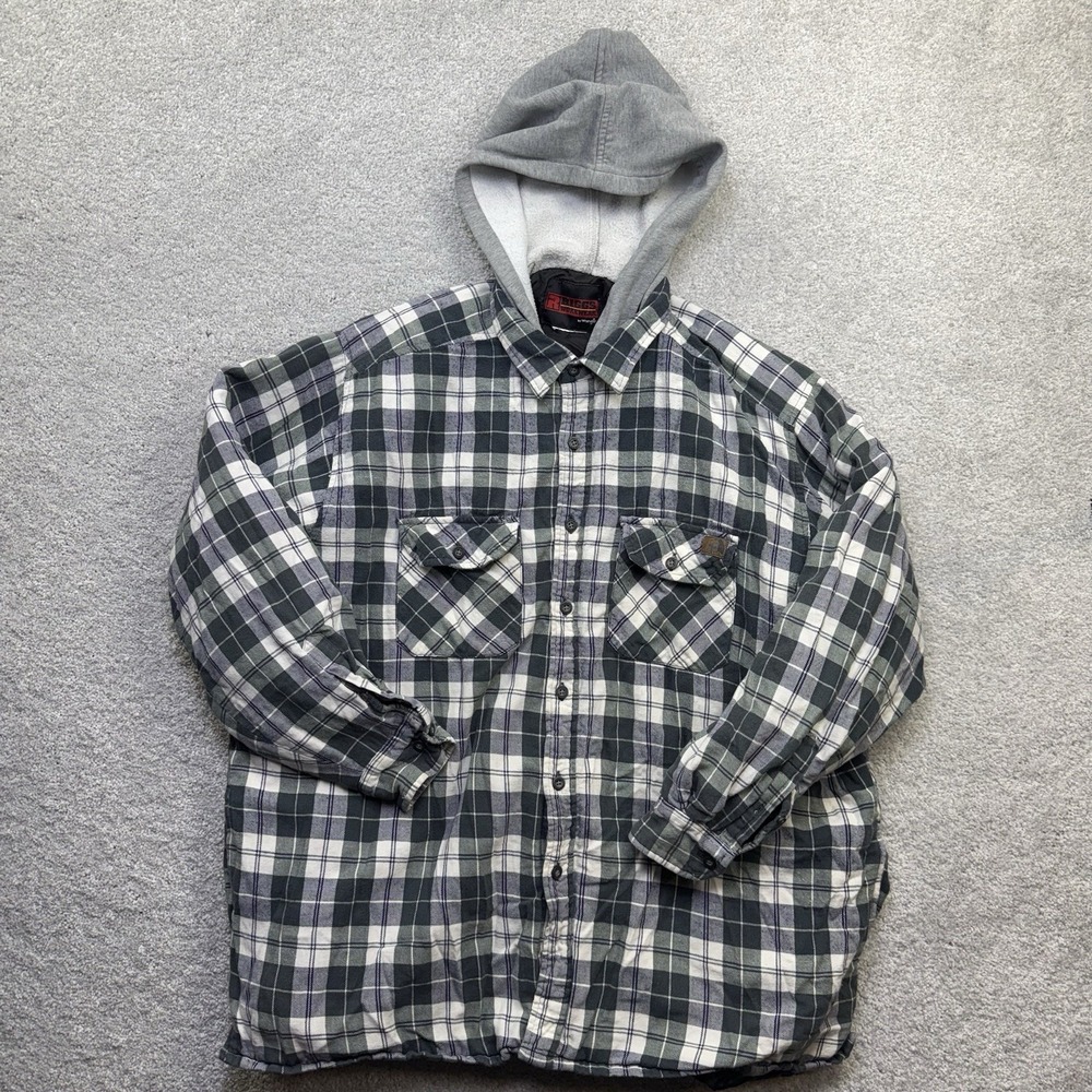 Wrangler Riggs Workwear Mens 2XL Quilted Lined Flannel Gray Hooded Shirt Jacket